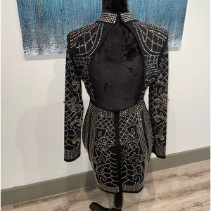 Fashion Nova black dress with silver and gold beaded details.